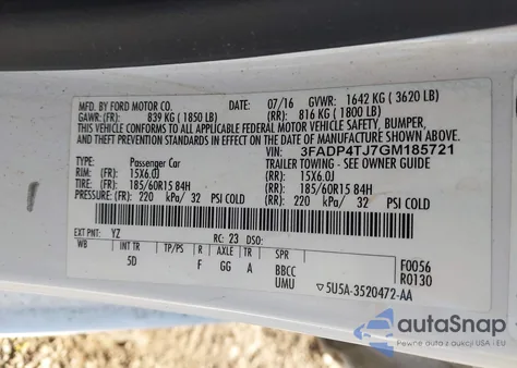 2016 Ford Fiesta S z USA, uszkodzony, nr VIN 3FADP4TJ7GM185721